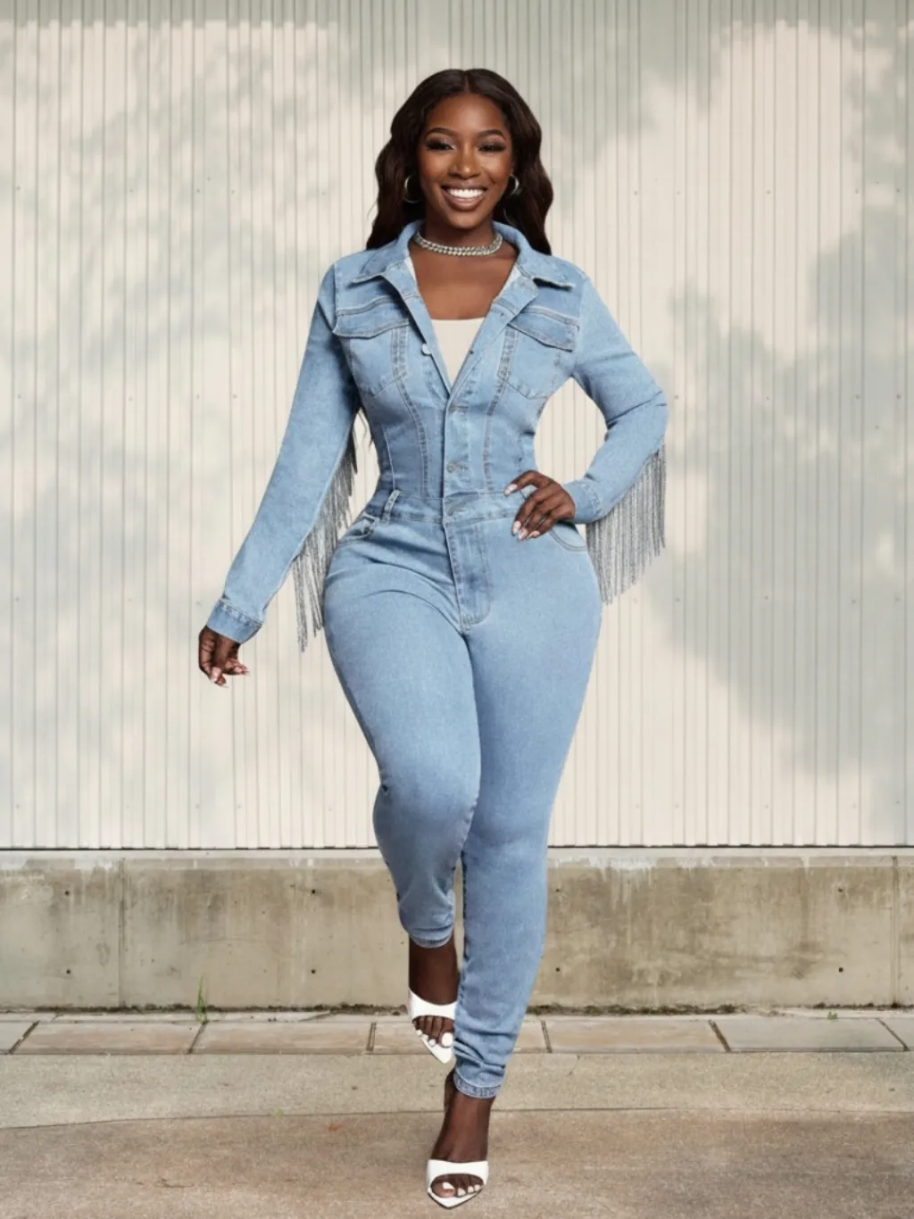 Women's Light Blue Western Fringe Denim Jumpsuit