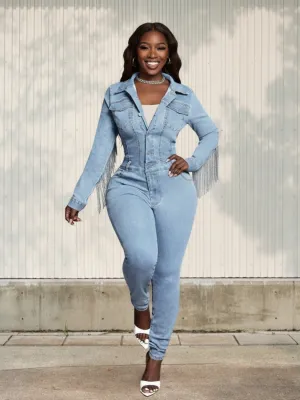 Women's Light Blue Western Fringe Denim Jumpsuit — view 1