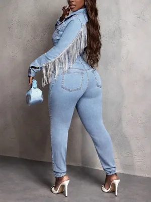 Women's Light Blue Western Fringe Denim Jumpsuit — view 2