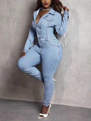 Women's Light Blue Western Fringe Denim Jumpsuit — view 3