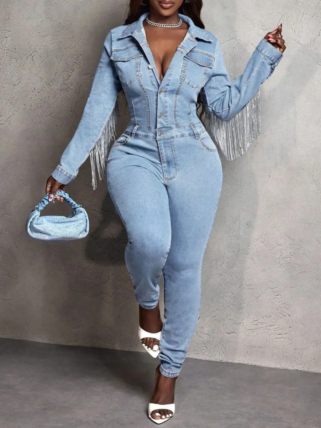 Women's Light Blue Western Fringe Denim Jumpsuit — endless ways to style it