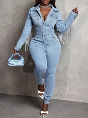 Women's Light Blue Western Fringe Denim Jumpsuit — view 4