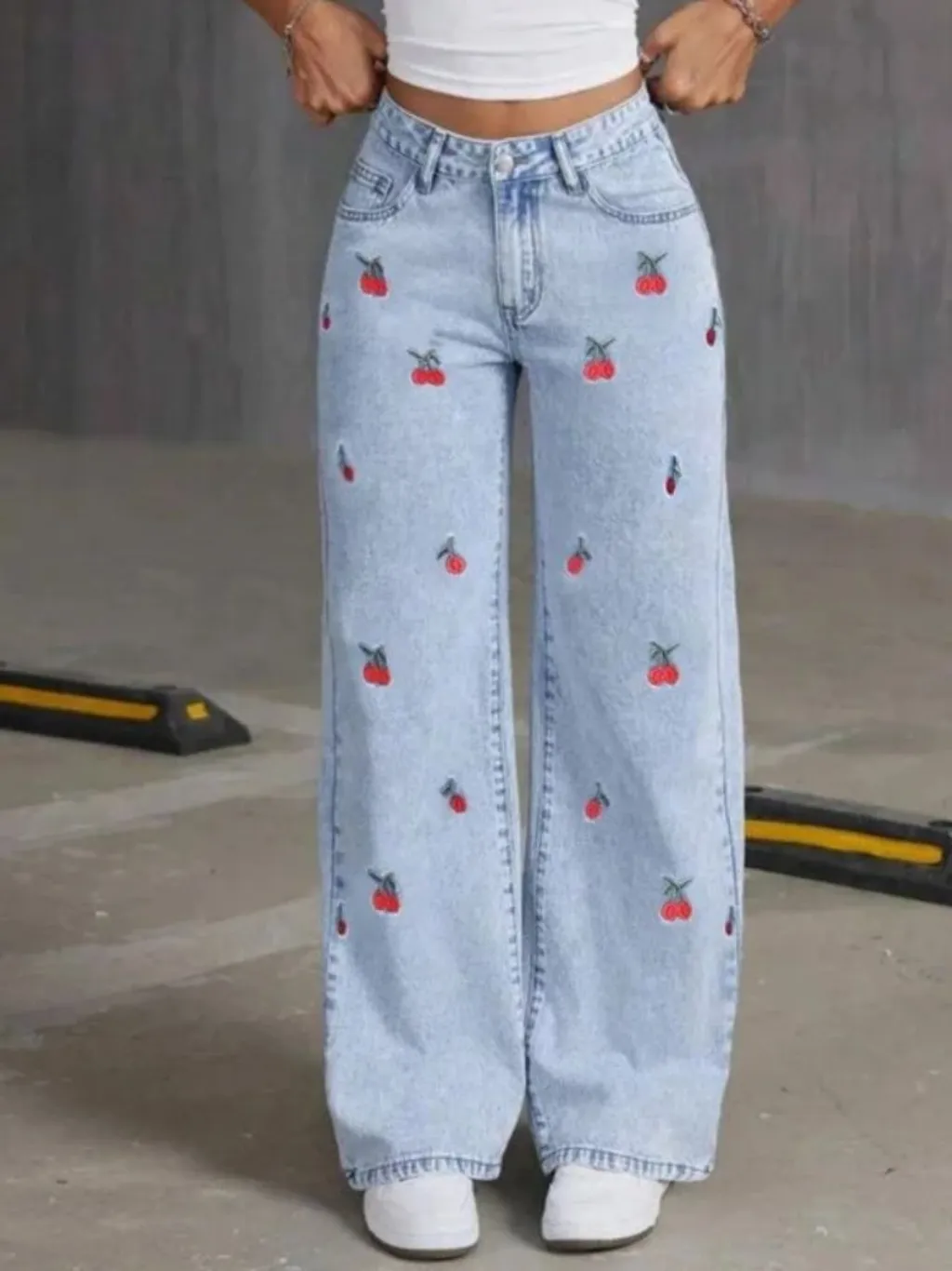 Women's Light Blue Wide-Leg Jeans with Cherry & Bow Embroidery — a pair designed to be worn everywhere