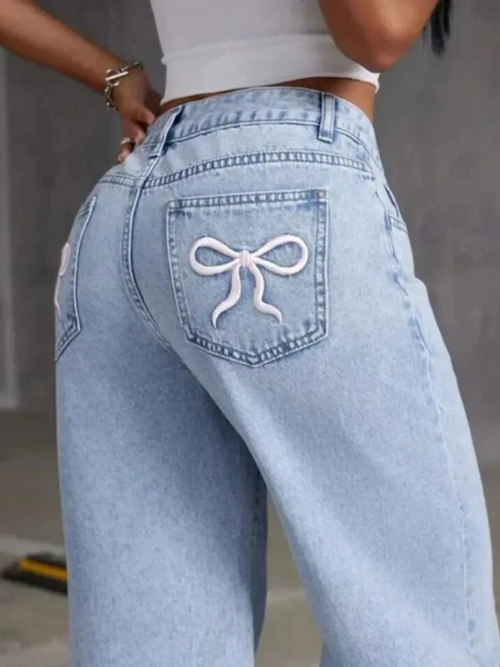 Women's Light Blue Wide-Leg Jeans with Cherry & Bow Embroidery — quality denim, made to last