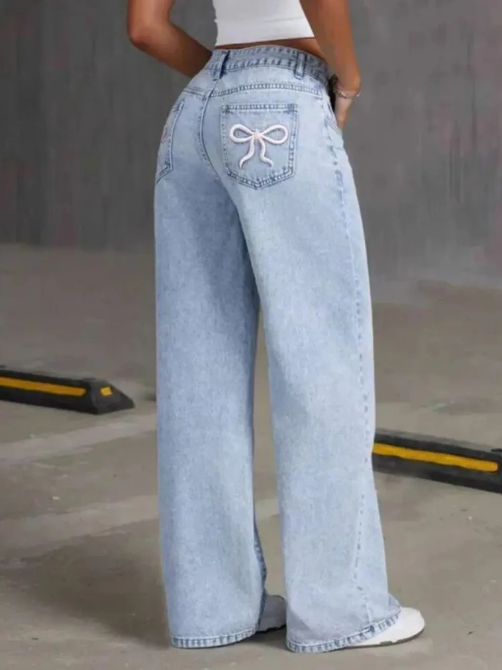 Women's Light Blue Wide-Leg Jeans with Cherry & Bow Embroidery — endless ways to style it