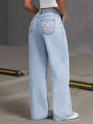 Women's Light Blue Wide-Leg Jeans with Cherry & Bow Embroidery — view 4
