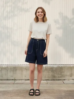 Women's Long Raw Denim Shorts with Contrast Stitching — view 1