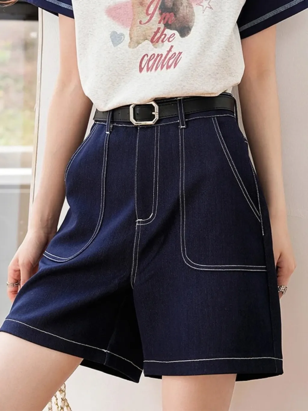 Women's Long Raw Denim Shorts with Contrast Stitching — a pair designed to be worn everywhere