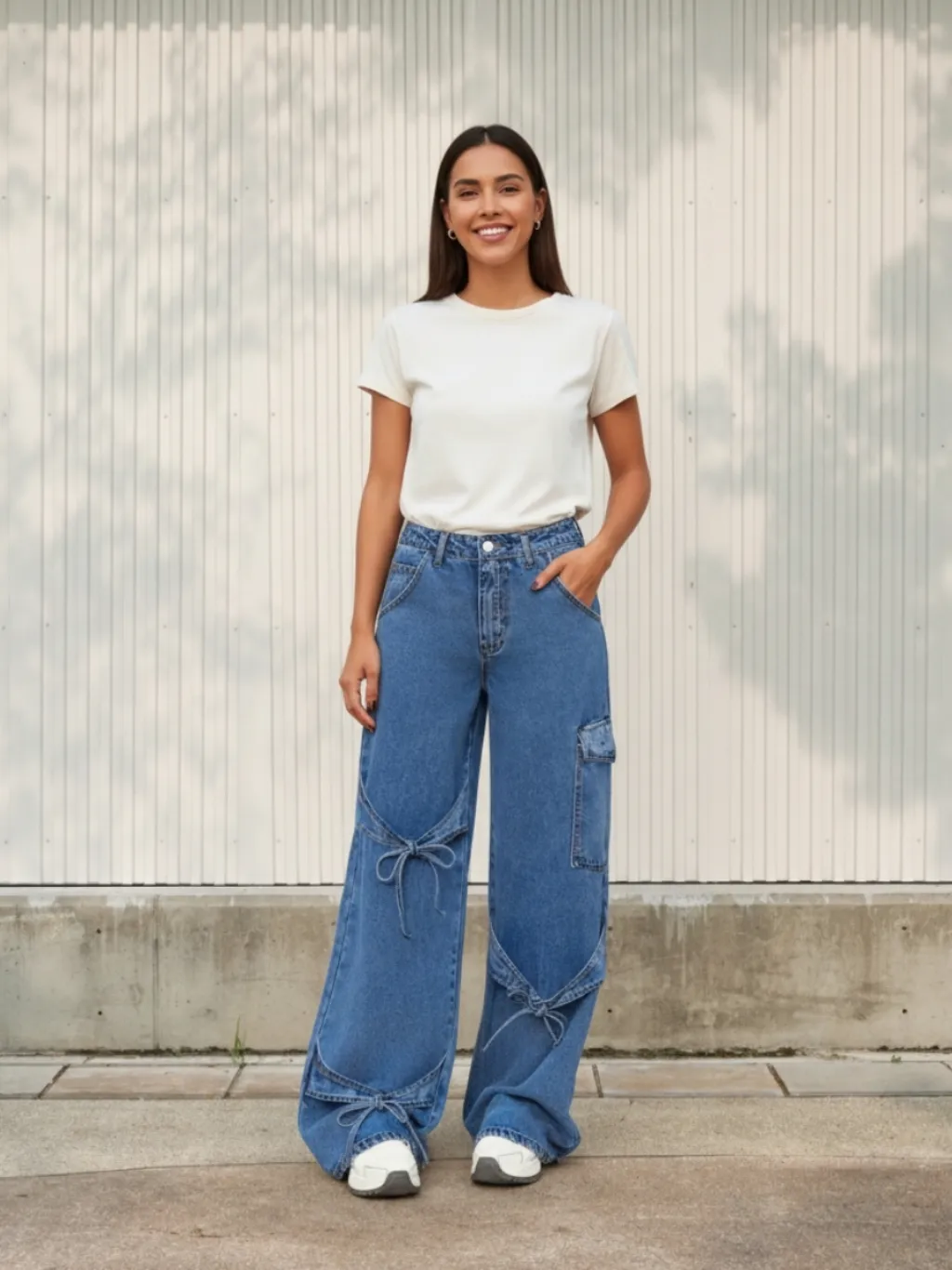 Women's Loose Cargo Jeans with Decorative Ties