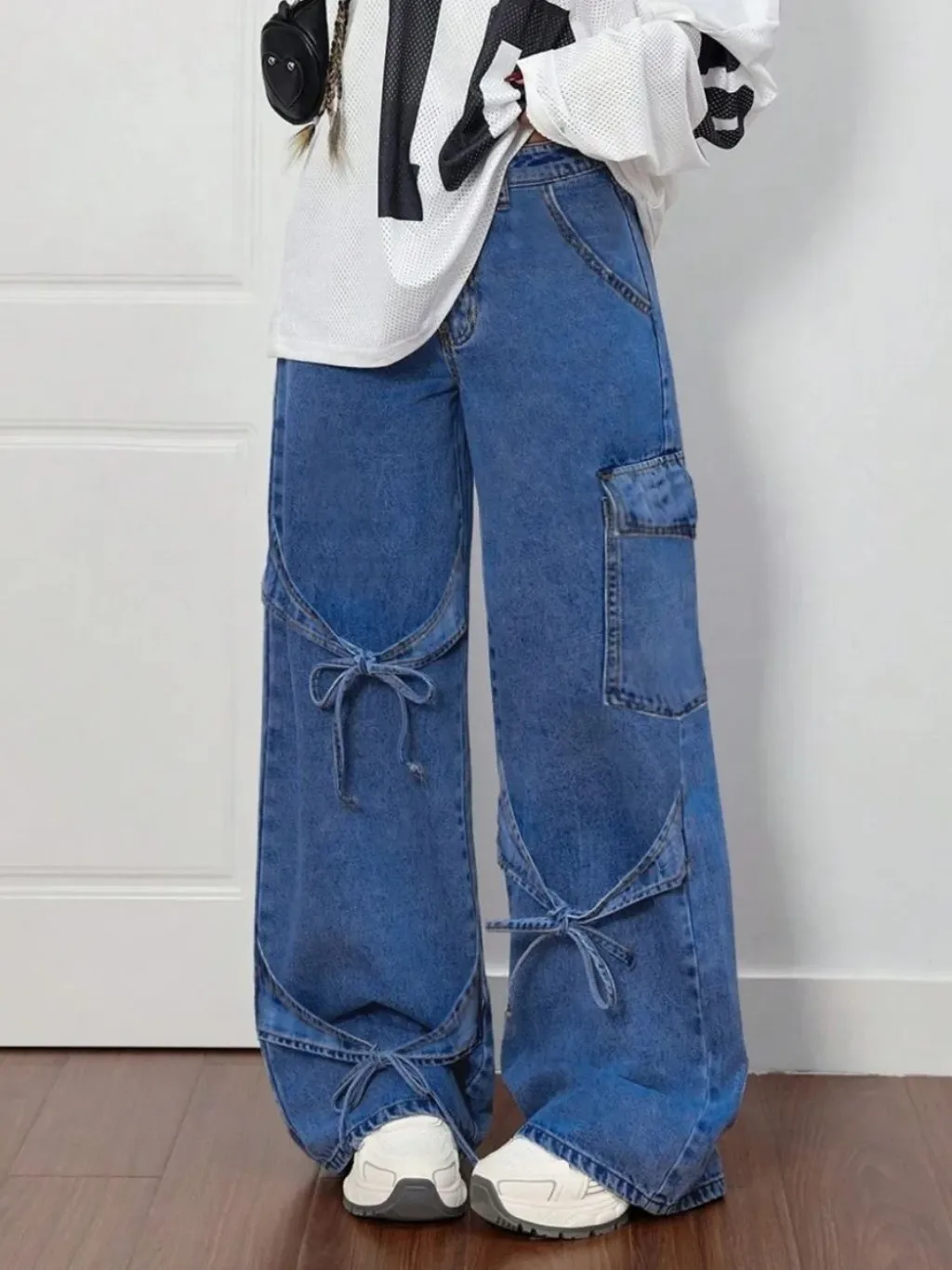 Women's Loose Cargo Jeans with Decorative Ties — a pair designed to be worn everywhere