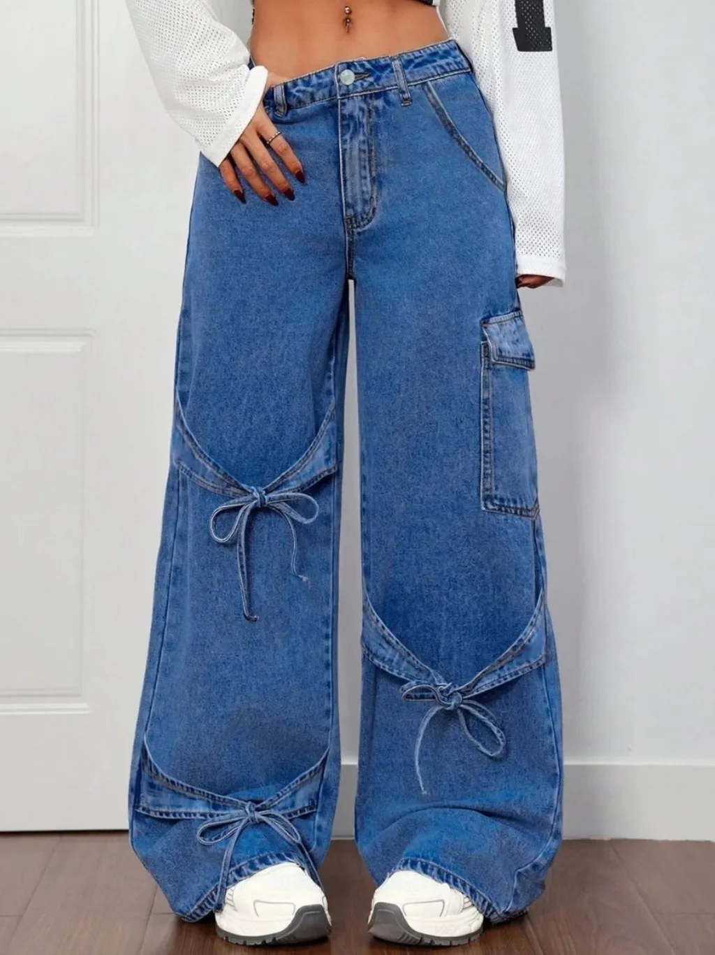Women's Loose Cargo Jeans with Decorative Ties — quality denim, made to last