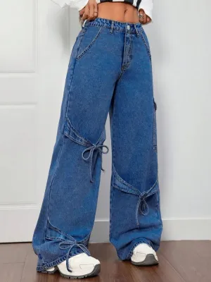 Women's Loose Cargo Jeans with Decorative Ties — view 5