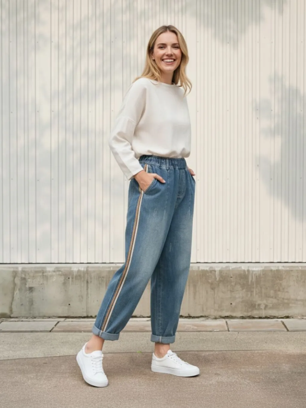 Women's Loose Elastic-Waist Jeans with Colourful Stripes