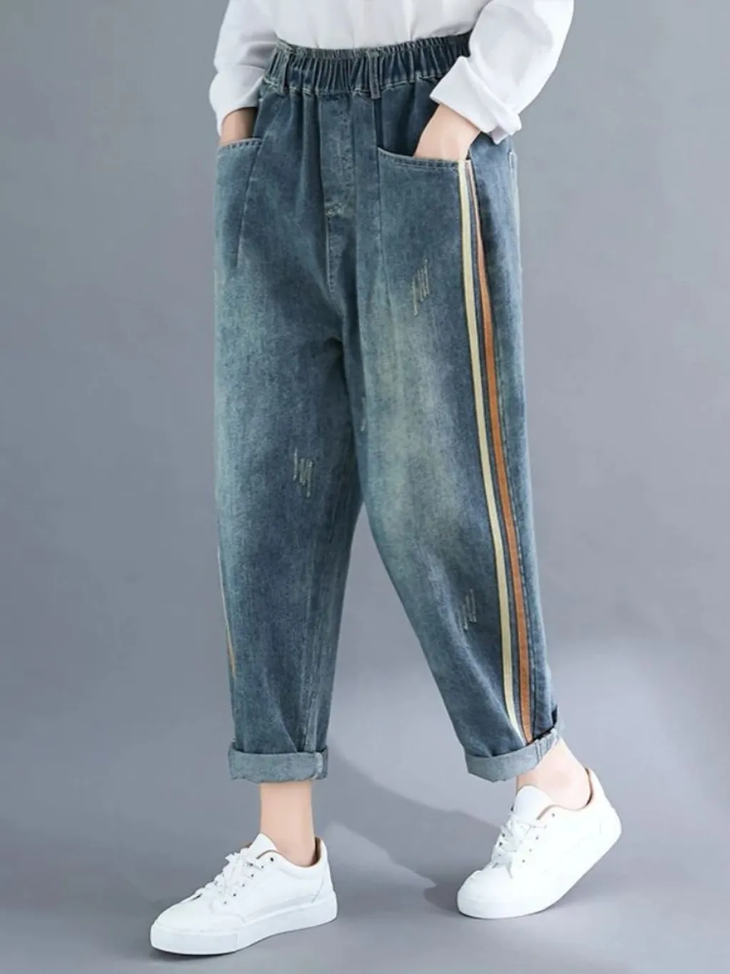 Women's Loose Elastic-Waist Jeans with Colourful Stripes — quality denim, made to last
