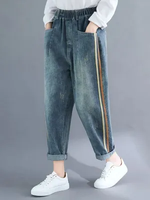 Women's Loose Elastic-Waist Jeans with Colourful Stripes — view 3
