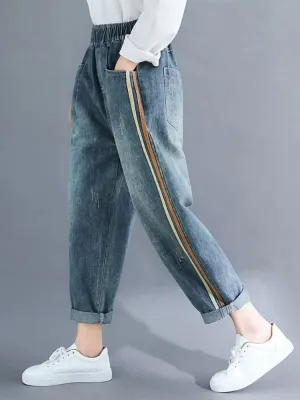 Women's Loose Elastic-Waist Jeans with Colourful Stripes — view 5
