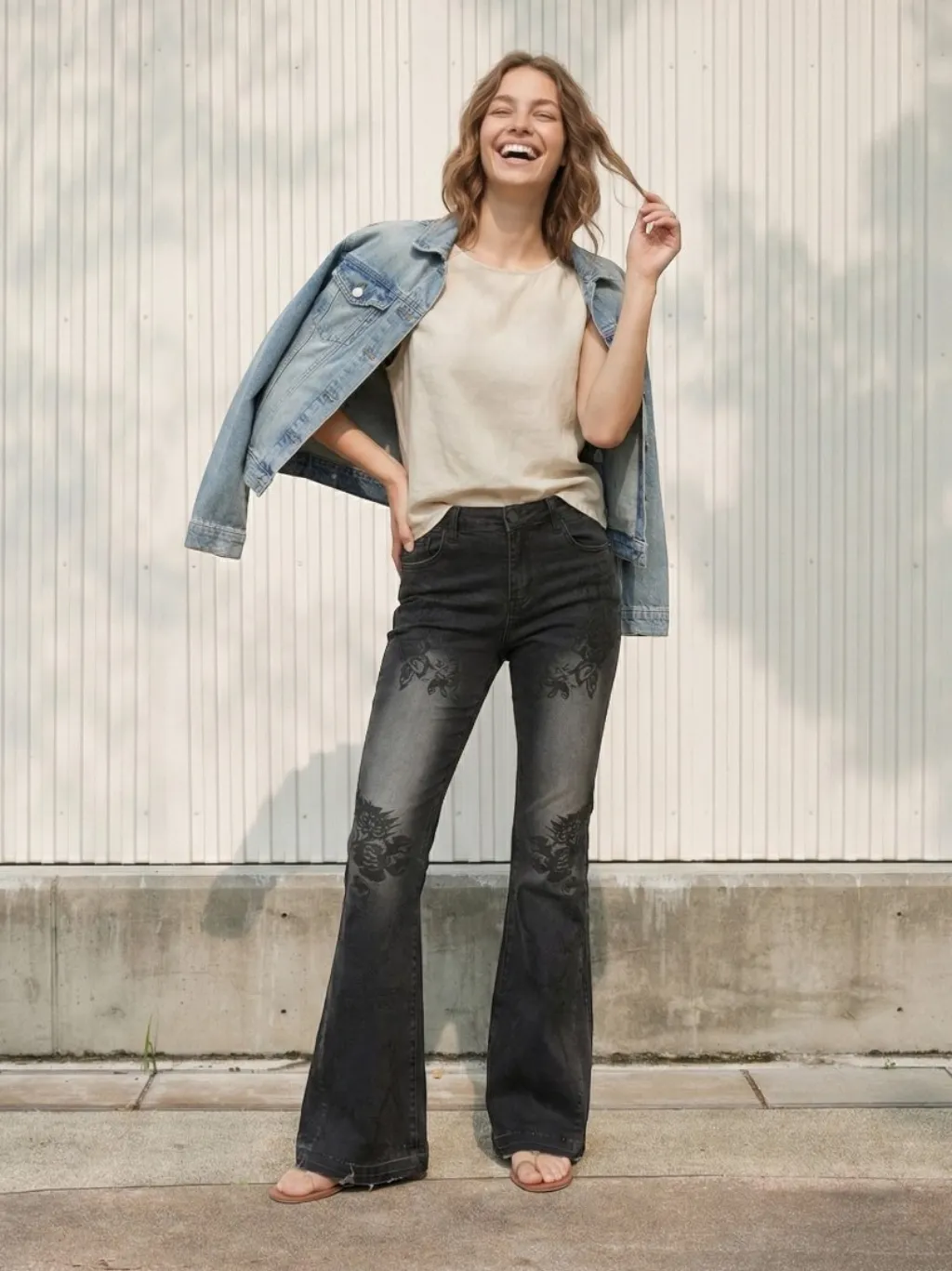 Women's Low-Rise Black Flare Jeans with Floral Embroidery