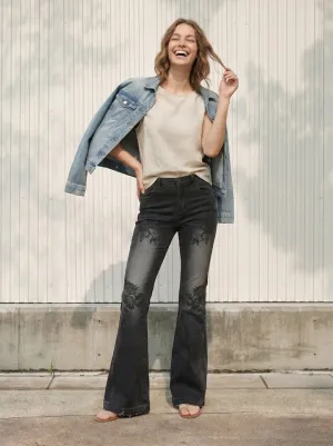 Women's Low-Rise Black Flare Jeans with Floral Embroidery — view 1
