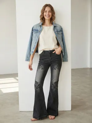 Women's Low-Rise Black Flare Jeans with Floral Embroidery — view 2