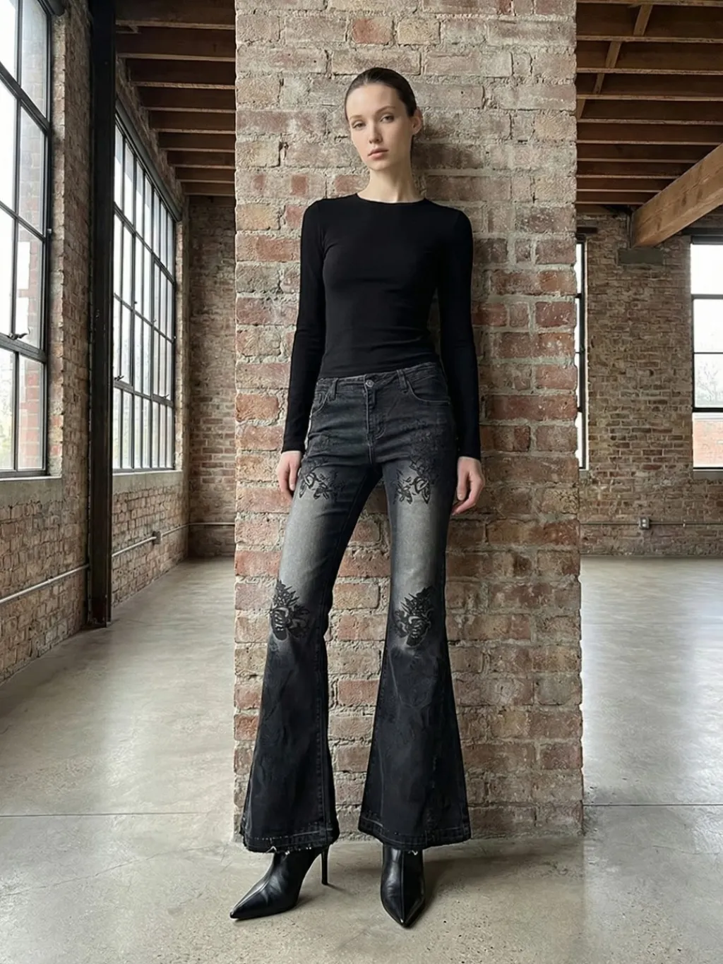 Women's Low-Rise Black Flare Jeans with Floral Embroidery — quality denim, made to last
