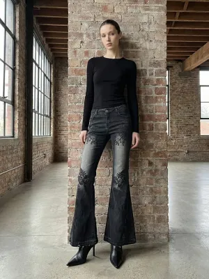 Women's Low-Rise Black Flare Jeans with Floral Embroidery — view 3