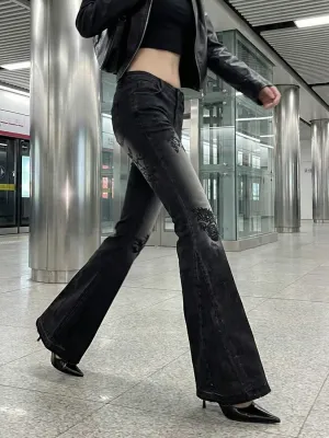 Women's Low-Rise Black Flare Jeans with Floral Embroidery — view 4