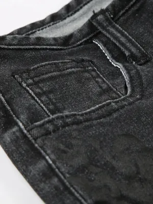 Women's Low-Rise Black Flare Jeans with Floral Embroidery — view 5