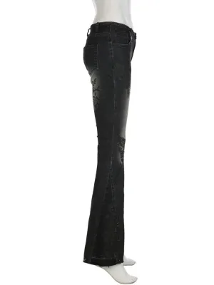 Women's Low-Rise Black Flare Jeans with Floral Embroidery — view 6