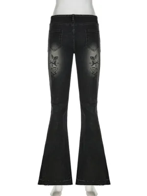 Women's Low-Rise Black Flare Jeans with Floral Embroidery — view 7