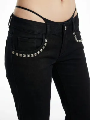 Women's Low-Rise Black Flare Jeans with Gothic Studs — view 3