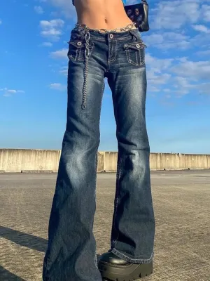Women's Low-Rise Blue Washed Flare Jeans Y2K — view 4