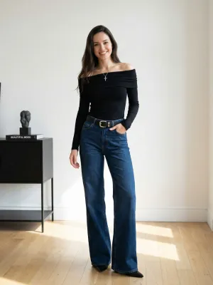 Women's Low-Rise Wide Blue Washed Flare Jeans — view 4