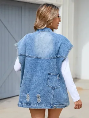 Women's Oversized Light Blue Sleeveless Denim Jacket — view 3