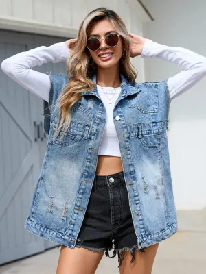 Women's Oversized Light Blue Sleeveless Denim Jacket — view 5