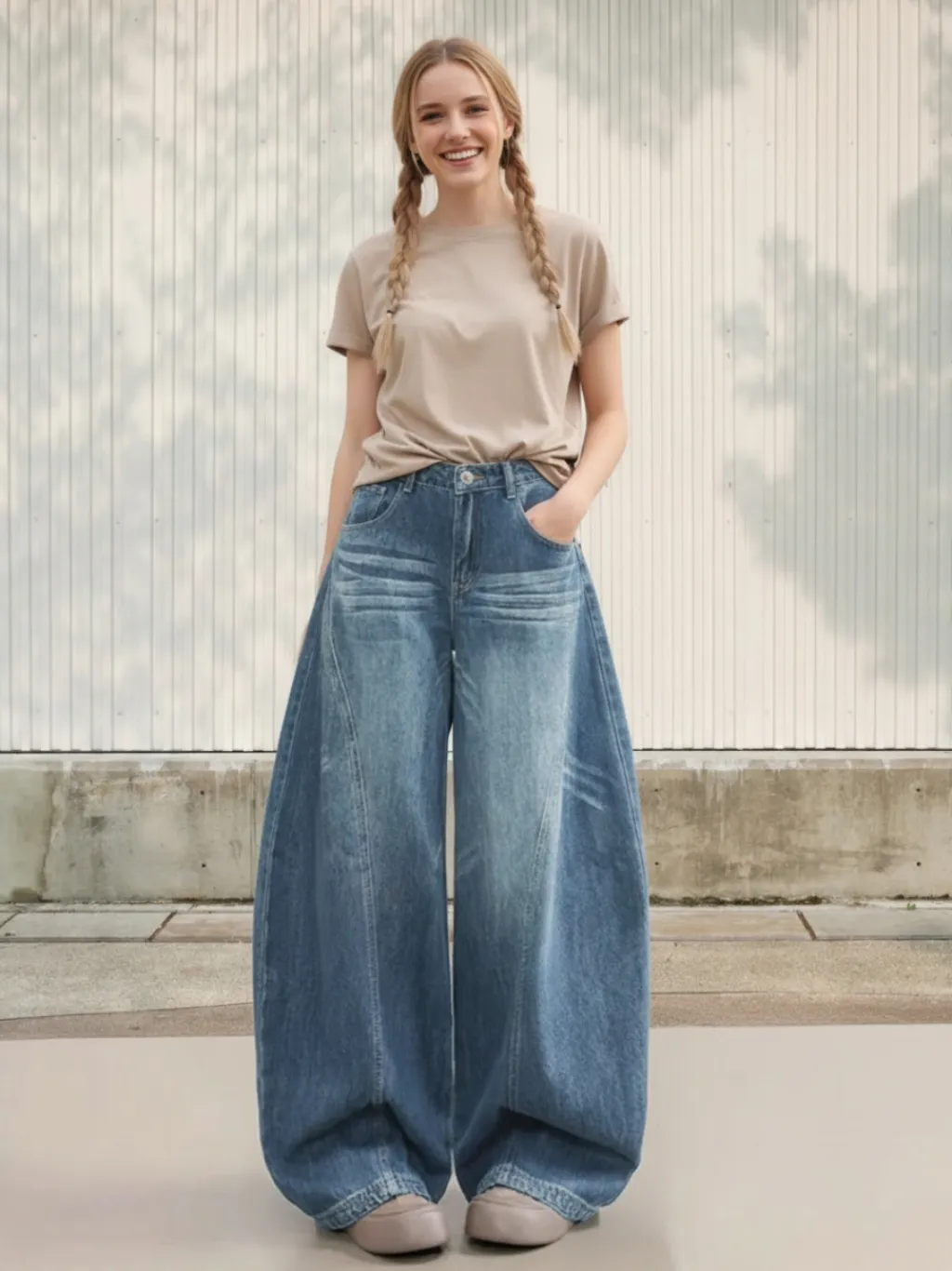 Women's Oversized Skate Jeans with Graphic Stitching