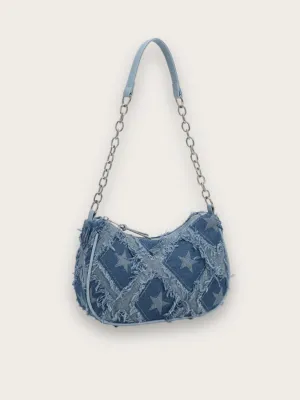 Women's Patchwork Denim Shoulder Bag with Star Motif & Chain — view 1