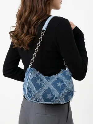 Women's Patchwork Denim Shoulder Bag with Star Motif & Chain — view 2