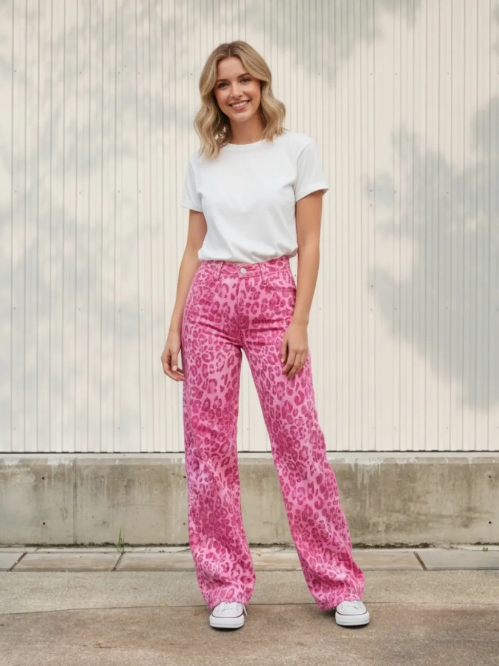 Women's Pink Leopard Print Wide-Leg Jeans