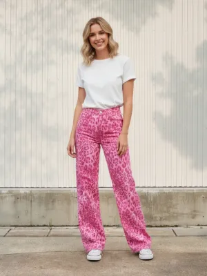 Women's Pink Leopard Print Wide-Leg Jeans — view 1