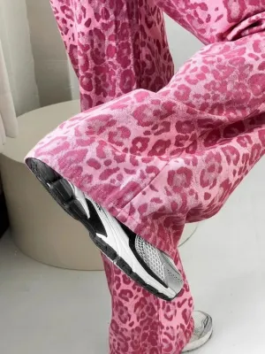 Women's Pink Leopard Print Wide-Leg Jeans — view 4