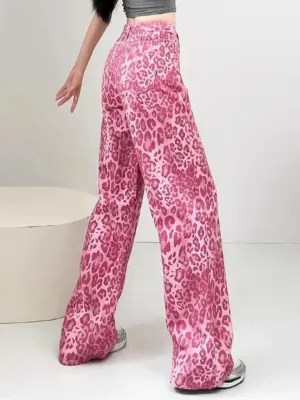 Women's Pink Leopard Print Wide-Leg Jeans — view 5