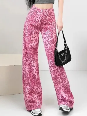 Women's Pink Leopard Print Wide-Leg Jeans — view 6