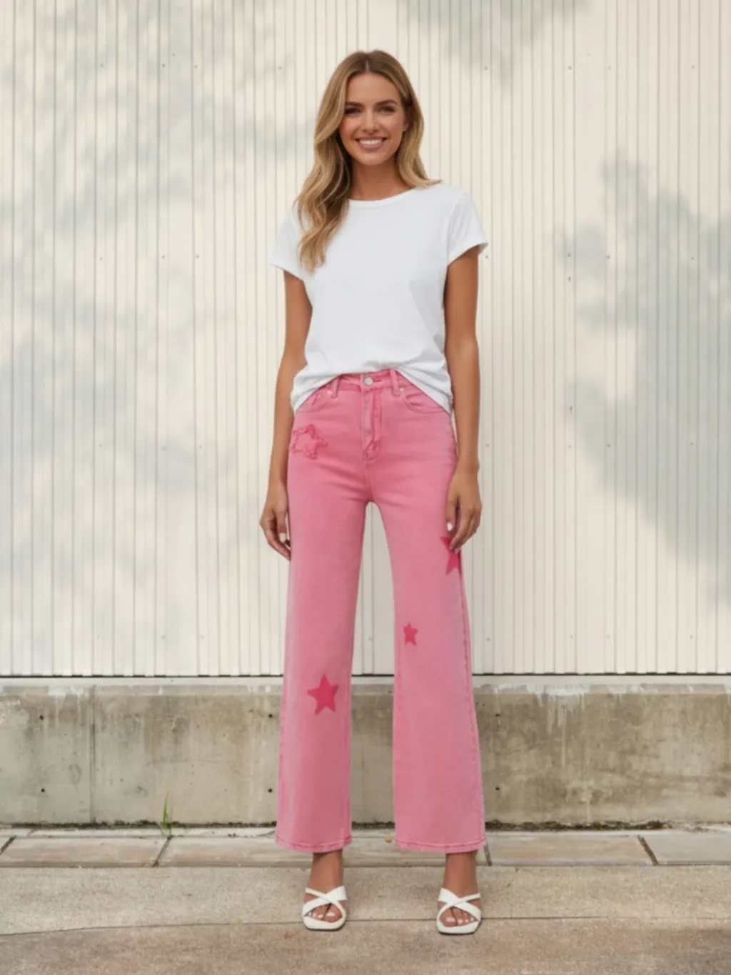 Women's Pink Star Print High-Waisted Wide-Leg Jeans