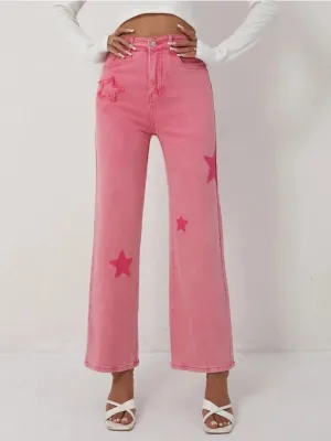 Women's Pink Star Print High-Waisted Wide-Leg Jeans — view 2