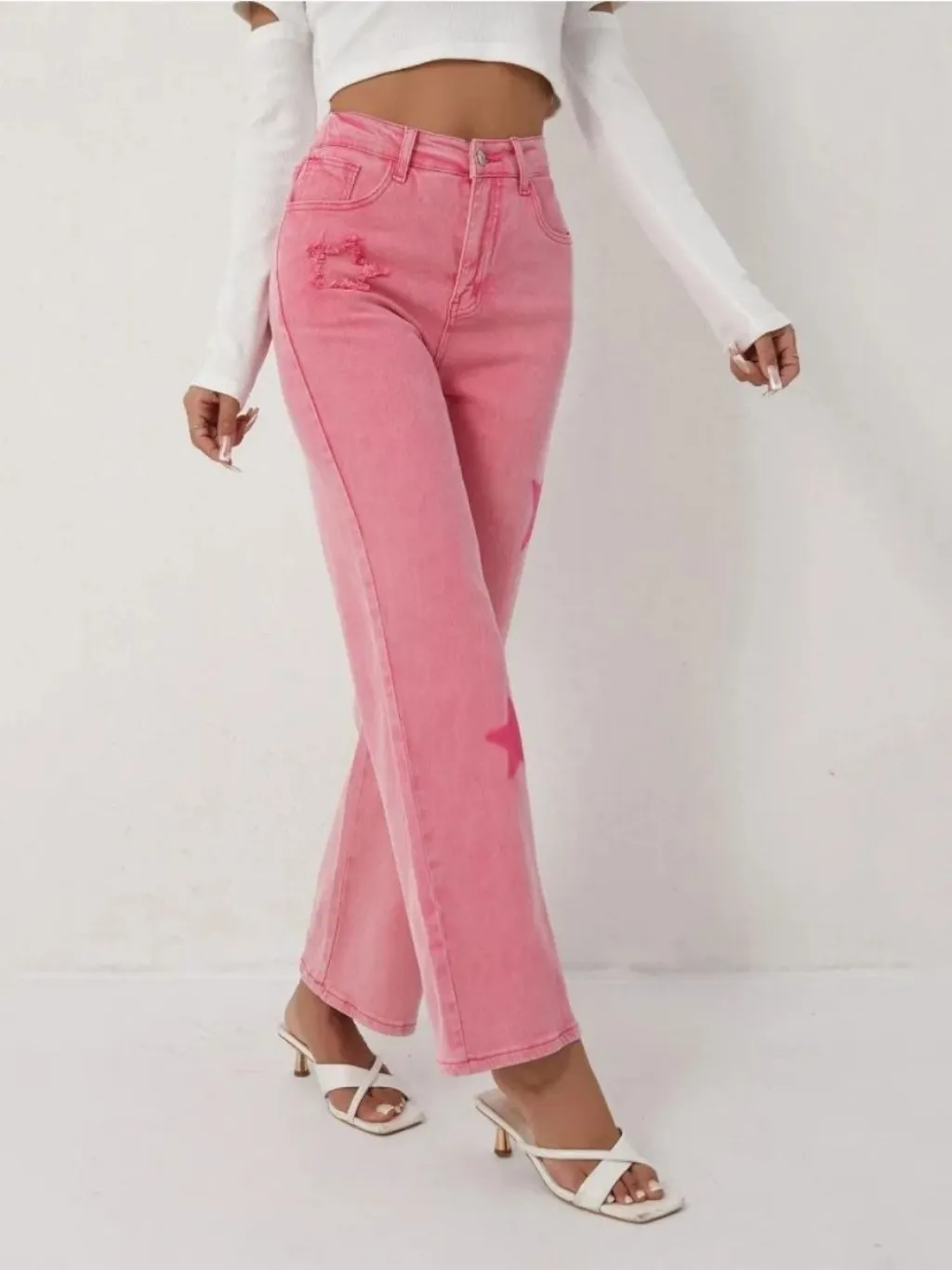 Women's Pink Star Print High-Waisted Wide-Leg Jeans — quality denim, made to last