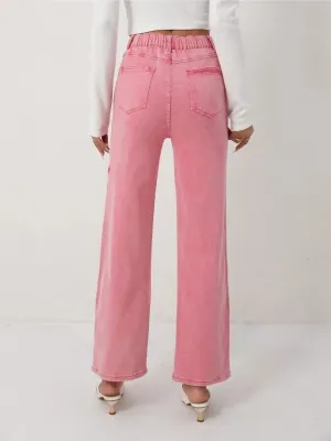 Women's Pink Star Print High-Waisted Wide-Leg Jeans — view 4