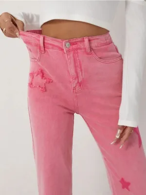 Women's Pink Star Print High-Waisted Wide-Leg Jeans — view 5