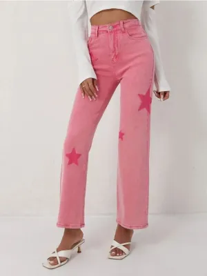 Women's Pink Star Print High-Waisted Wide-Leg Jeans — view 6