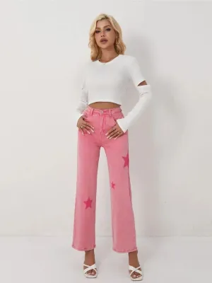 Women's Pink Star Print High-Waisted Wide-Leg Jeans — view 8