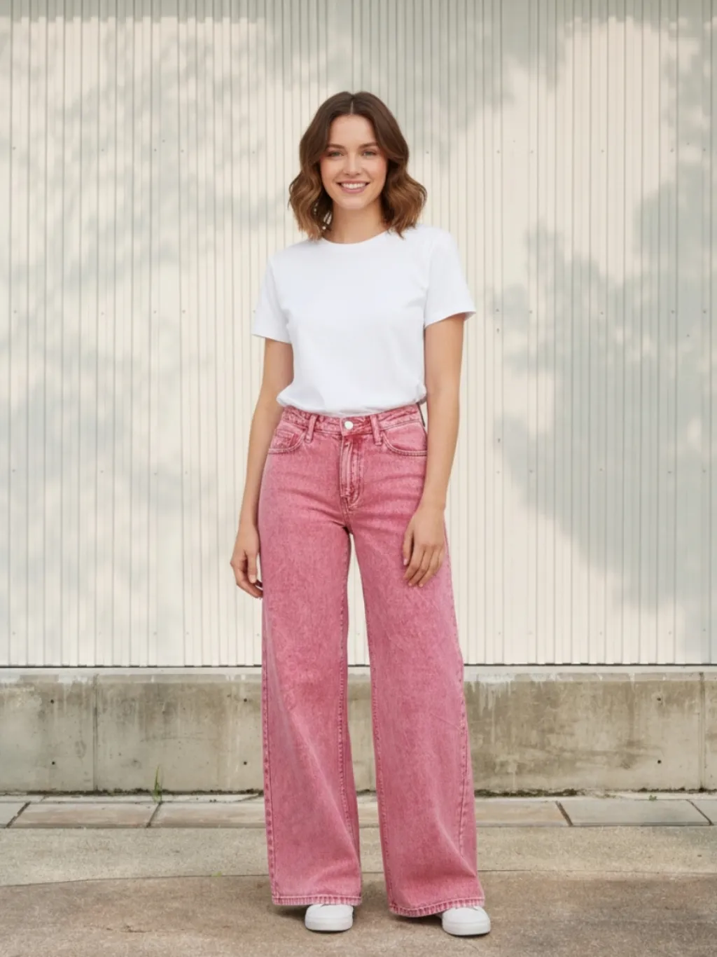 Women's Pink Washed High-Waisted Wide-Leg Jeans